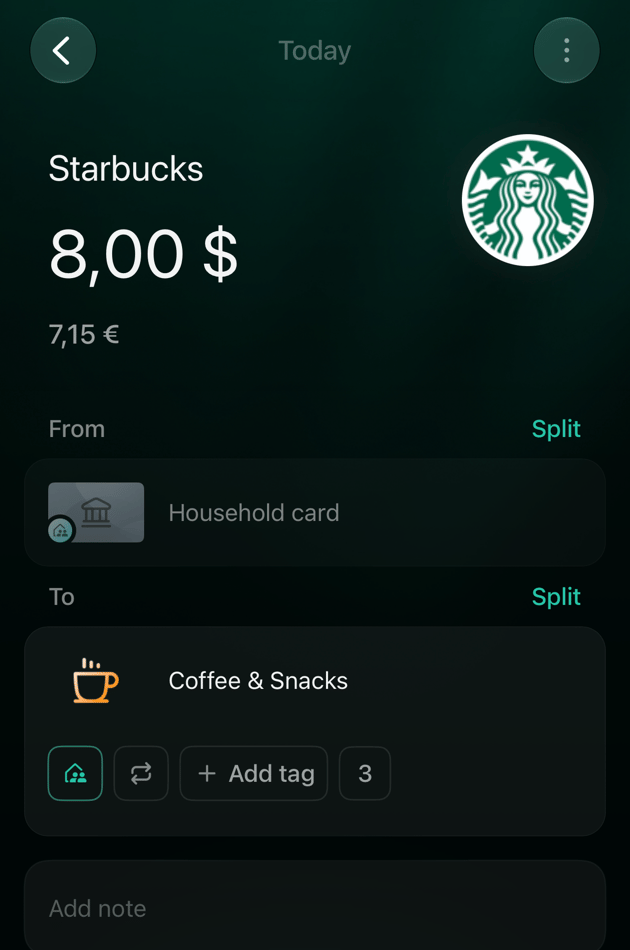 The partner's copy of a shared transaction on iOS: Starbucks $8 from Household card to Coffee & Snacks with the Family chip selected