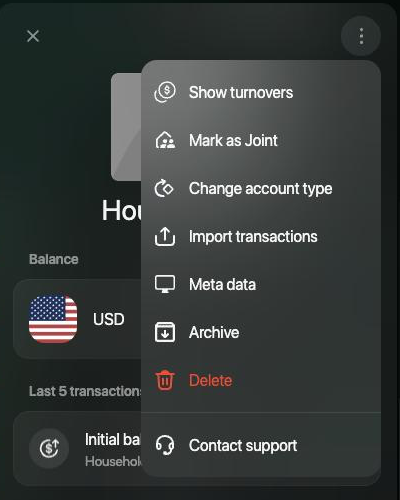 The ⋮ menu of an account on the web: Show turnovers, Mark as Joint, Change account type, Import transactions, Meta data, Archive, Delete, Contact support