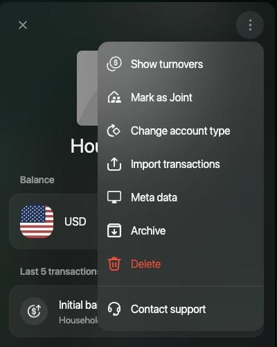 The ⋮ menu of an account on the web: Show turnovers, Mark as Joint, Change account type, Import transactions, Meta data, Archive, Delete, Contact support