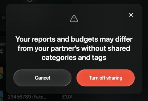 Dialog on the web: Your reports and budgets may differ from your partner's without shared categories and tags, with Cancel and Turn off sharing