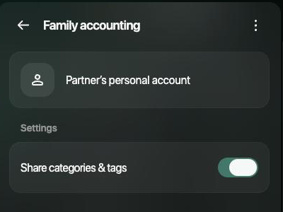 Family accounting drawer on the web: Partner's personal account, Settings with Share categories & tags on