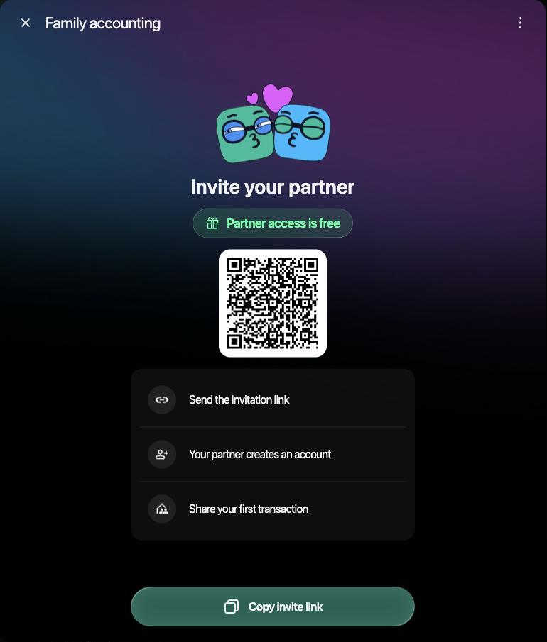 Family accounting modal on the web: Invite your partner, Partner access is free, a QR code, three steps and the Copy invite link button
