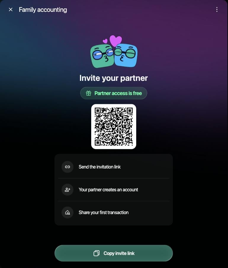 Family accounting modal on the web: Invite your partner, Partner access is free, a QR code, three steps and the Copy invite link button