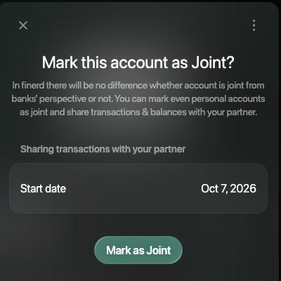 Mark this account as Joint? drawer on the web with Sharing transactions with your partner, Start date Oct 7, 2026 and the Mark as Joint button