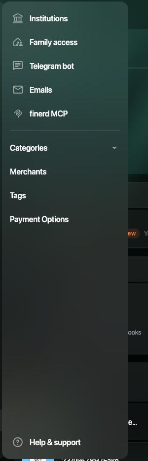 The More menu in the finerd web app with Institutions, Family access, Telegram bot, Emails and finerd MCP