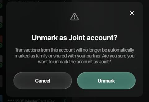 Unmark as Joint account? dialog on the web: Transactions from this account will no longer be automatically marked as family or shared with your partner, with Cancel and Unmark