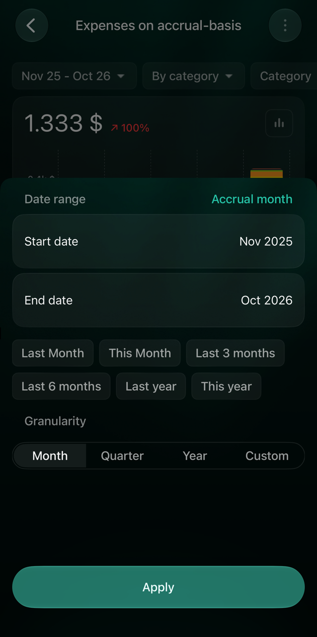 iOS period panel: Date range with Accrual month, Start date Nov 2025, End date Oct 2026, quick choices Last Month, This Month, Last 3 months, Last 6 months, Last year, This year, Granularity Month, Quarter, Year, Custom, and Apply.