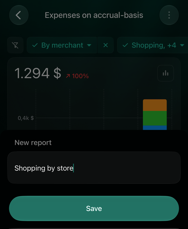 iOS New report sheet over the Expenses report, with the name Shopping by store and the Save button.