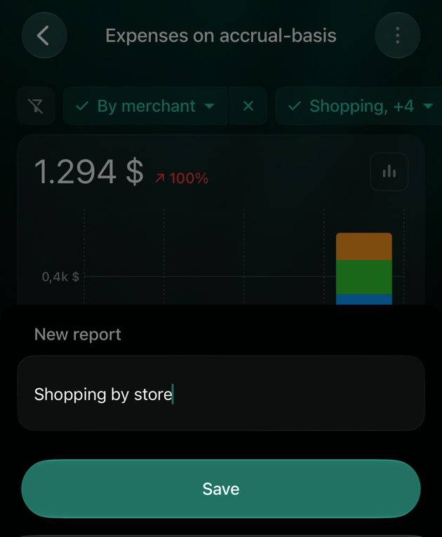 iOS New report sheet over the Expenses report, with the name Shopping by store and the Save button.