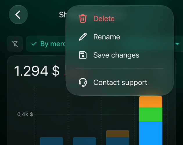 iOS menu of the saved report Shopping by store: Delete, Rename, Save changes and Contact support.