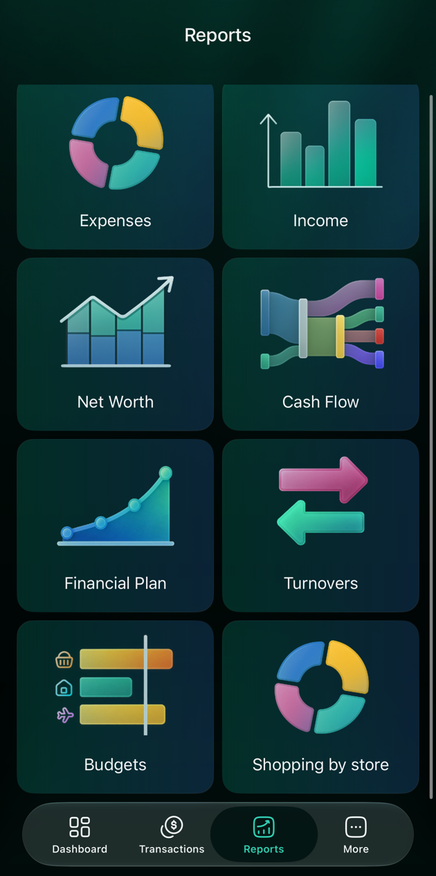 iOS Reports tab with tiles Expenses, Income, Net Worth, Cash Flow, Financial Plan, Turnovers, Budgets and Shopping by store.
