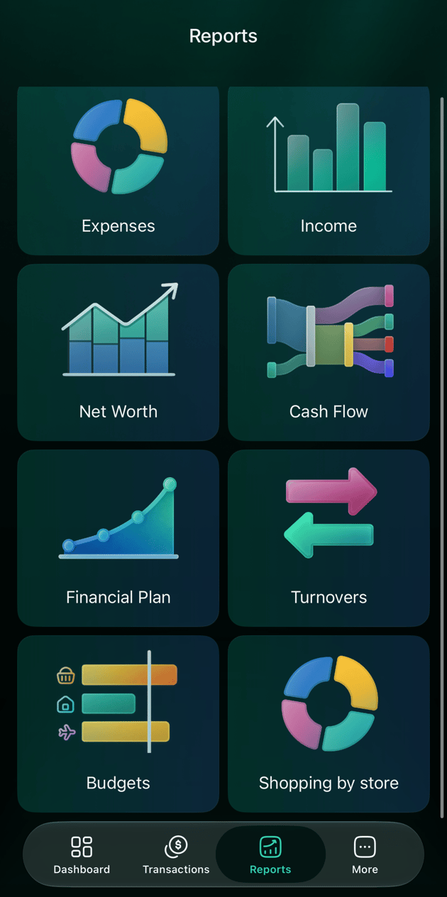 iOS Reports tab with tiles Expenses, Income, Net Worth, Cash Flow, Financial Plan, Turnovers, Budgets and Shopping by store.