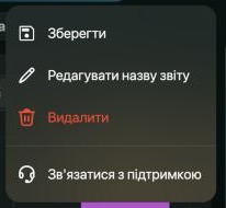 Меню збереженого звіту: Зберегти, Редагувати назву звіту, Видалити й Зв'язатися з підтримкою.