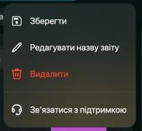 Меню збереженого звіту: Зберегти, Редагувати назву звіту, Видалити й Зв'язатися з підтримкою.