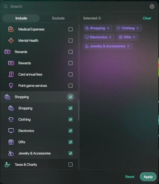 Category filter with the Include tab: Shopping and its subcategories Shopping, Clothing, Electronics, Gifts and Jewelry & Accessories checked; on the right, Selected: 5 with the five categories; Reset and Apply.