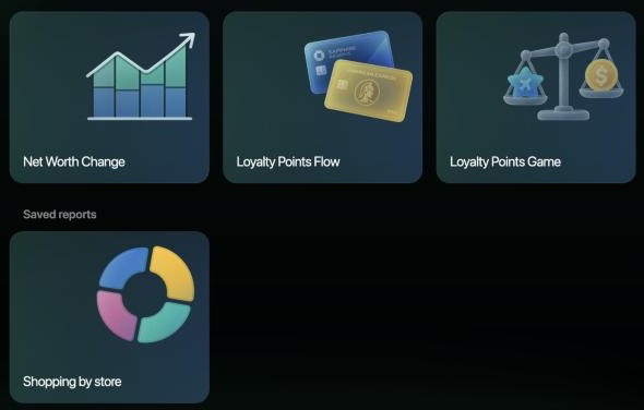 Reports page: the last preset tiles Net Worth Change, Loyalty Points Flow and Loyalty Points Game, then the Saved reports section with Shopping by store.