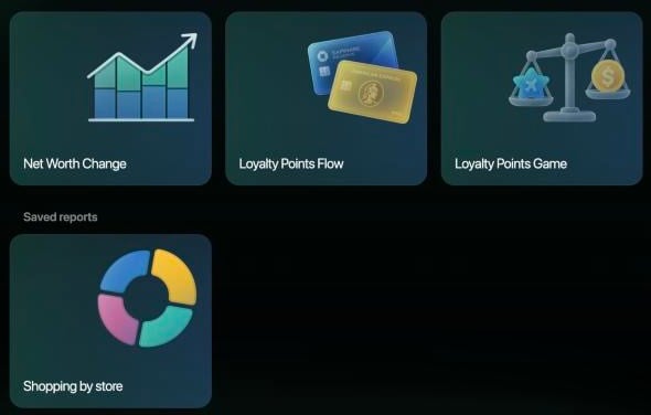 Reports page: the last preset tiles Net Worth Change, Loyalty Points Flow and Loyalty Points Game, then the Saved reports section with Shopping by store.