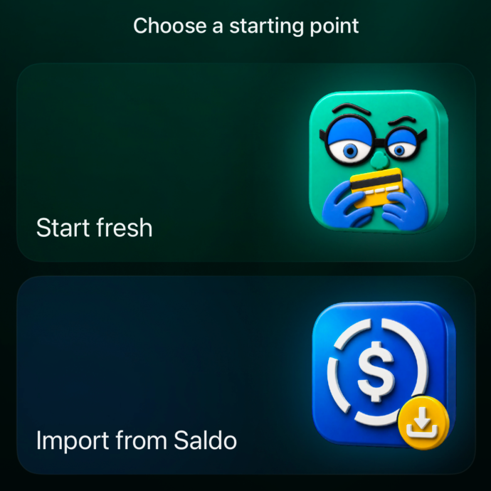 Choose a starting point: Start fresh, Import from Saldo.