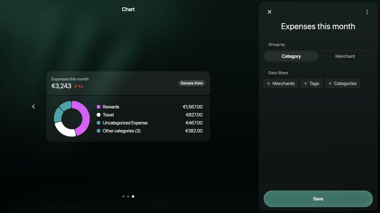 Expenses widget settings with Group by, Data filters, and Save.
