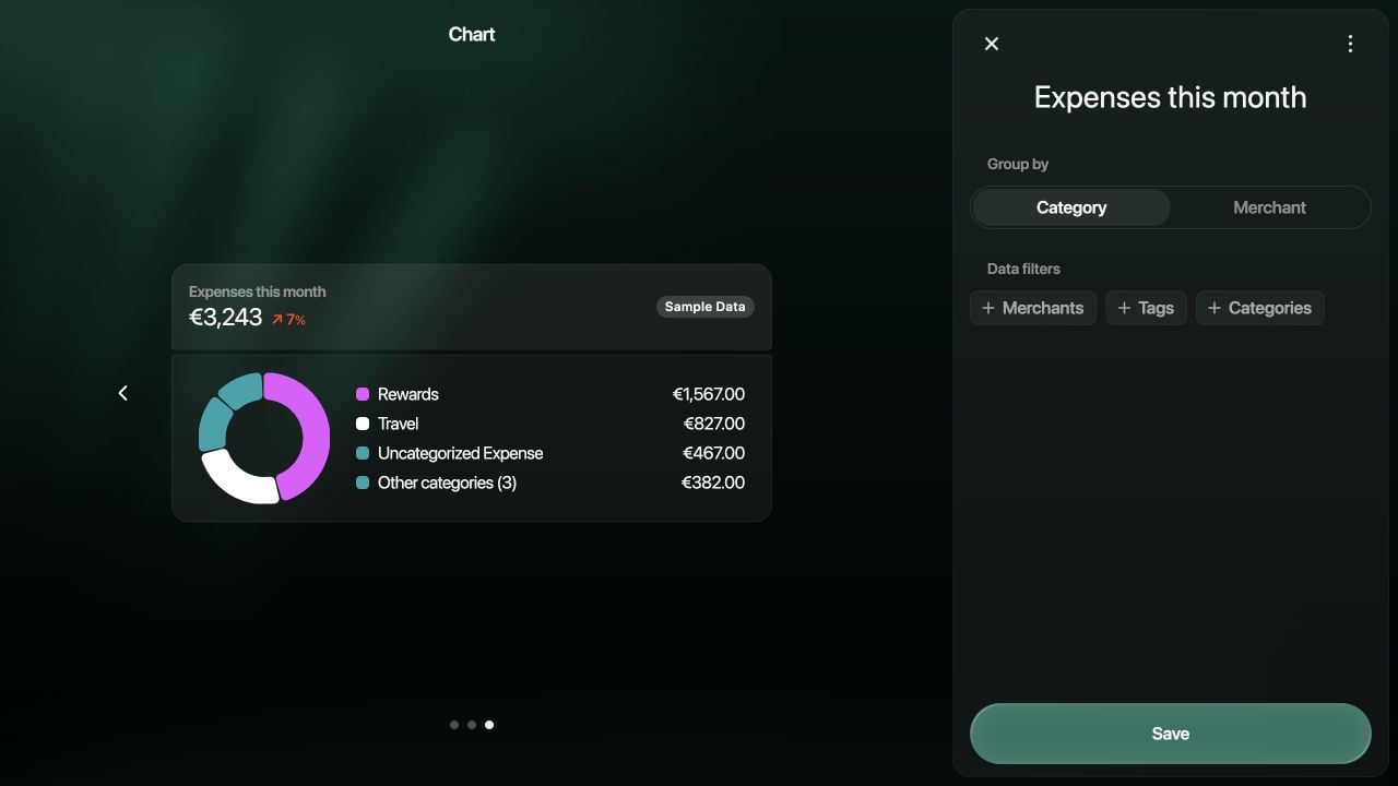 Expenses widget settings with Group by, Data filters, and Save.