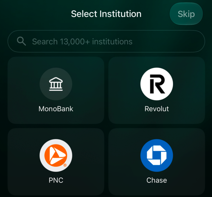 Choose a bank or tap Skip.