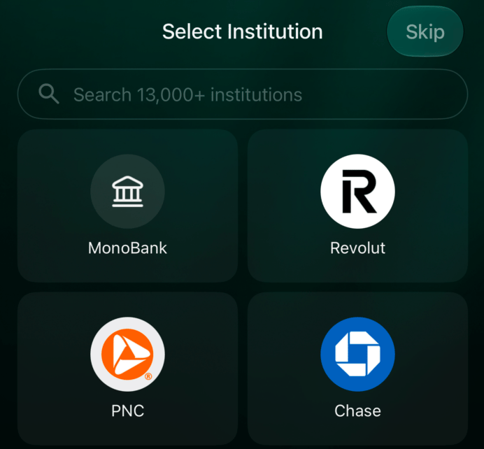 Select Institutionの画面。Search 13,000+ institutions、銀行のリスト、Skip。
