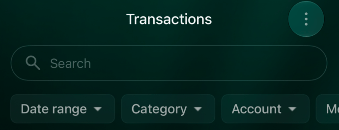 iOSのTransactions。Date range、Category、Account。