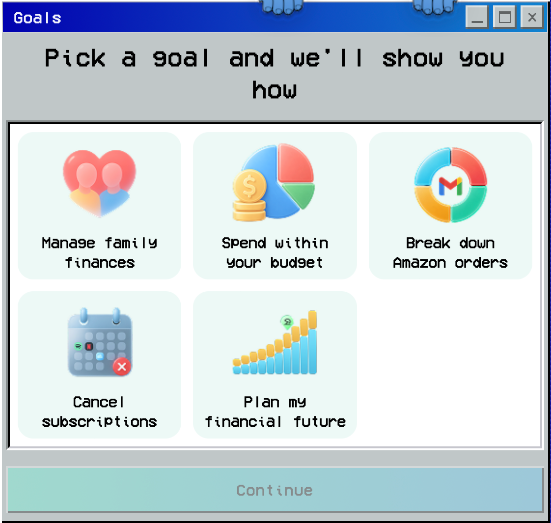 Goals window with goal choices and the Continue button.