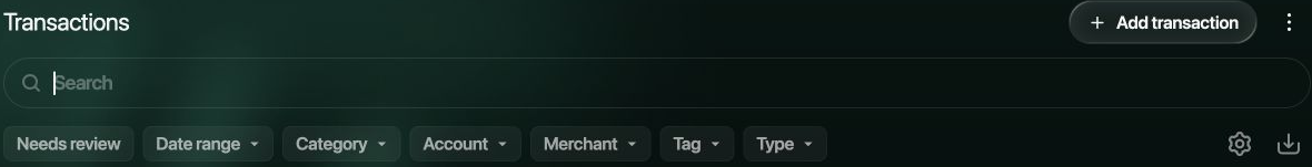 Account and Date range filters in the Web Transactions list.