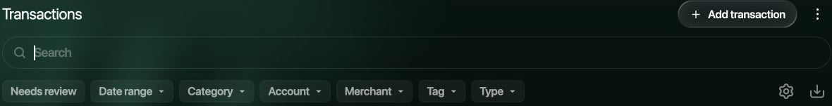 WebのTransactionsリストにあるAccountとDate rangeのフィルタ。