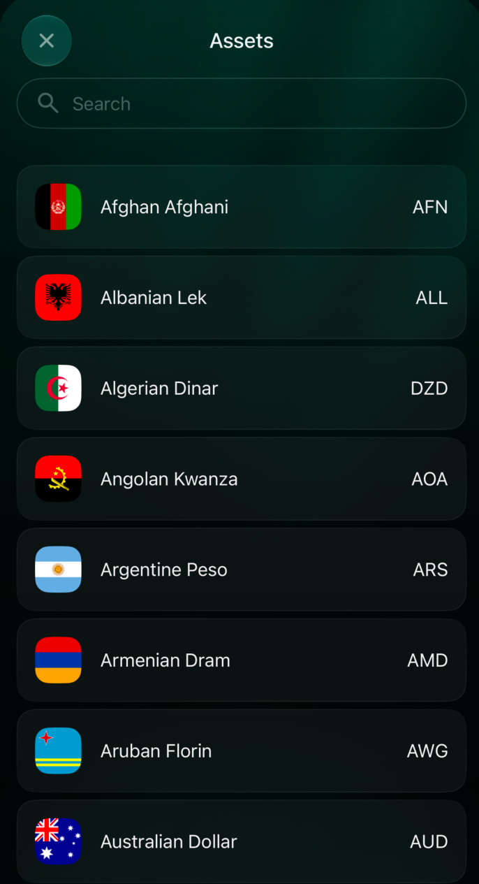 iOS Assets list with Search, currency names, and currency codes.
