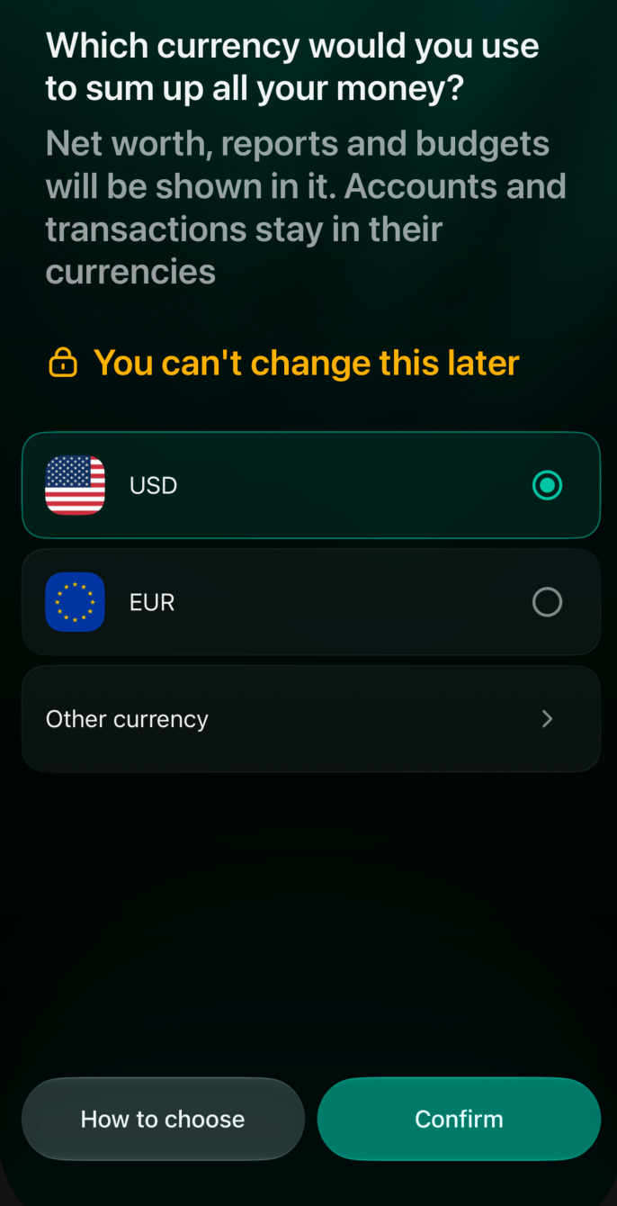 iOS primary currency screen with USD selected, EUR, Other currency, and an enabled Confirm button.