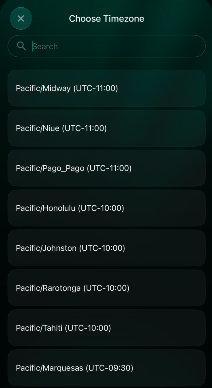 Tap the time zone name to open the searchable list.