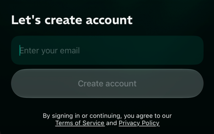 iOS registration sheet with Enter your email, Create account, and links to the terms and privacy policy.