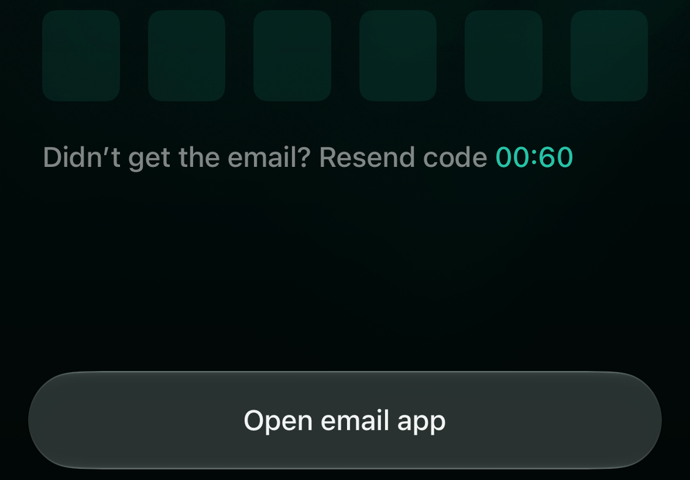 iOS confirmation screen with six empty code fields, a resend countdown, and Open email app.
