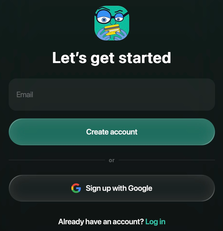 The finerd registration form with Email, Create account, and Sign up with Google.