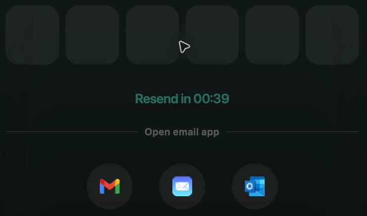 Six empty confirmation-code fields, a resend countdown, and shortcuts to email apps.