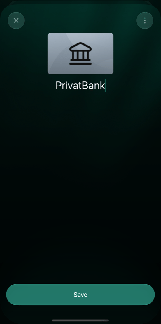 iOSの新しい銀行口座。名前はPrivatBank、Save。