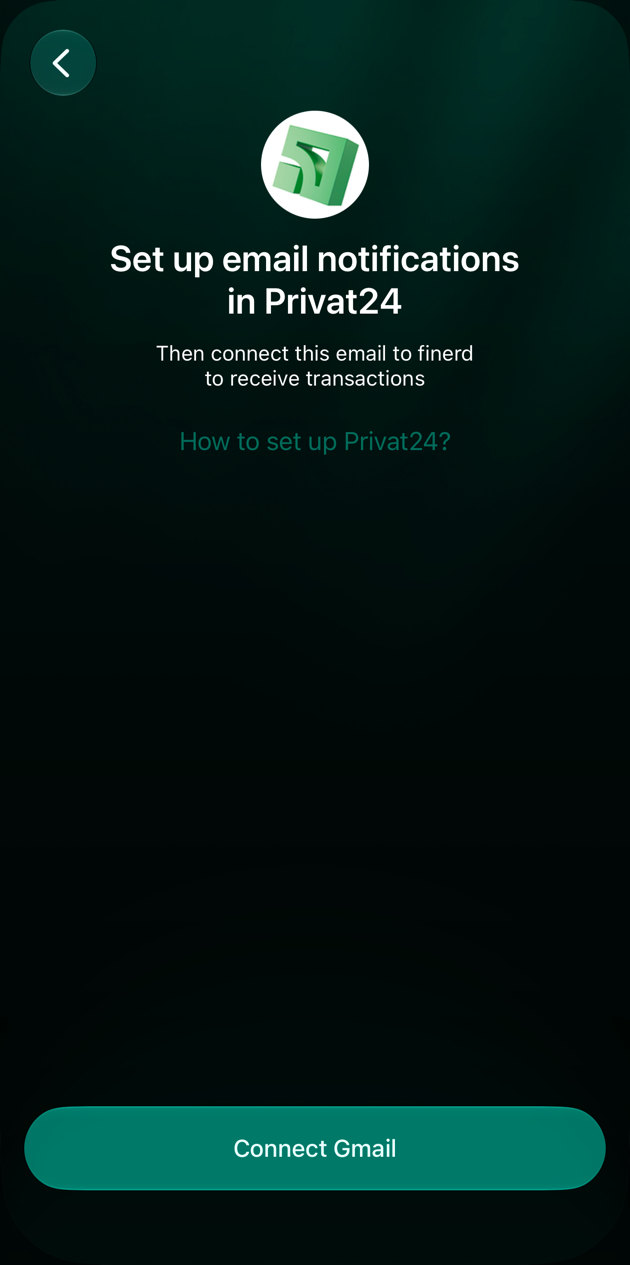 iOS PrivatBank screen with Set up email notifications in Privat24, How to set up Privat24? and Connect Gmail.