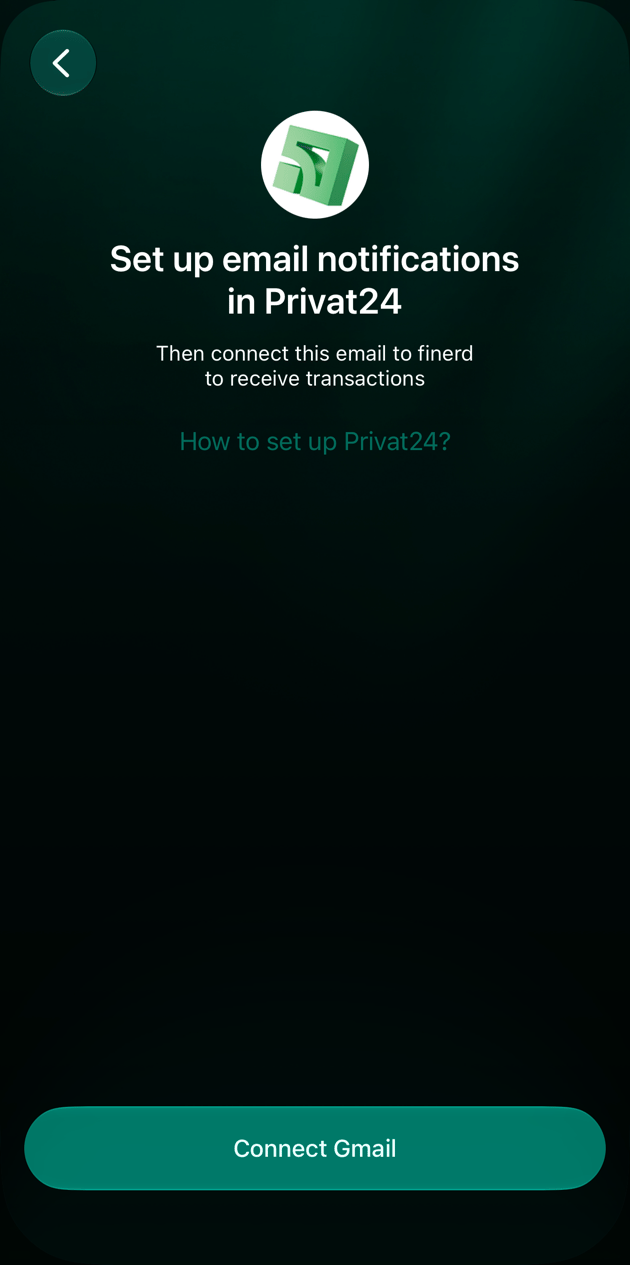 iOSのPrivatBank画面。Set up email notifications in Privat24、How to set up Privat24?、Connect Gmail。