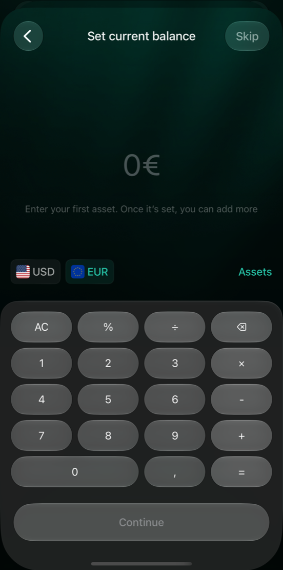 iOS Set current balance screen with 0 €, USD and EUR, Assets, Skip and Continue.