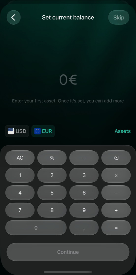 iOSのSet current balance画面。0 €、USDとEUR、Assets、Skip、Continue。