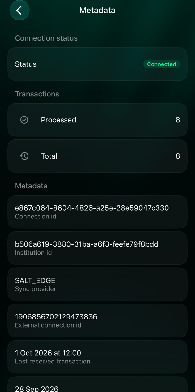 iOS Metadata screen with Status Connected, 8 transactions processed out of 8, and the connection and institution IDs.