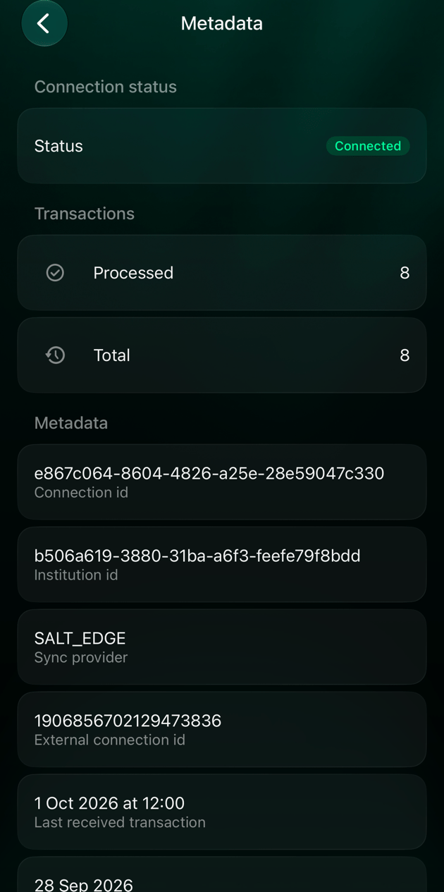 iOS Metadata screen with Status Connected, 8 transactions processed out of 8, and the connection and institution IDs.