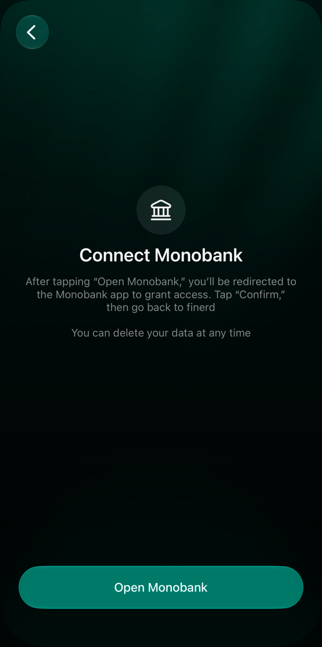 iOS Connect Monobank screen explaining that Open Monobank leads to the Monobank app, where you tap Confirm, with the Open Monobank button.