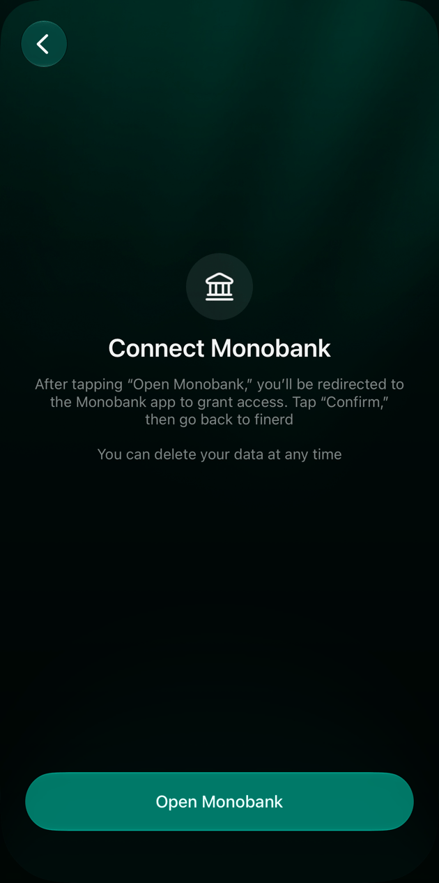 iOS Connect Monobank screen explaining that Open Monobank leads to the Monobank app, where you tap Confirm, with the Open Monobank button.