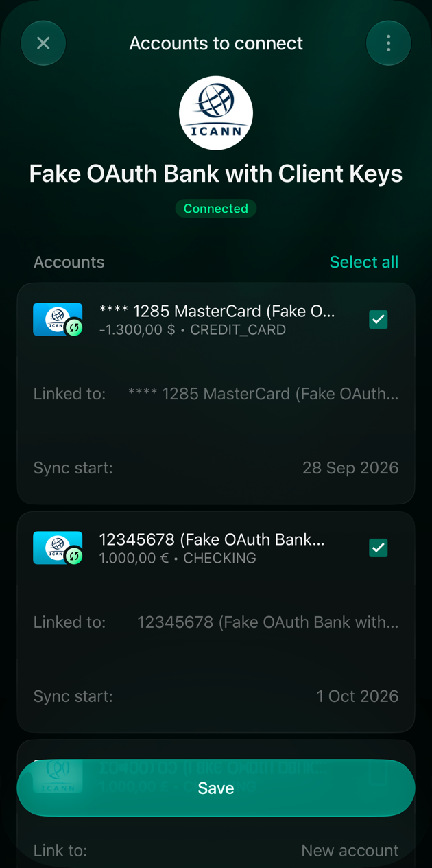 iOS Accounts to connect screen with two bank accounts, each Linked to the same finerd account, and Save.