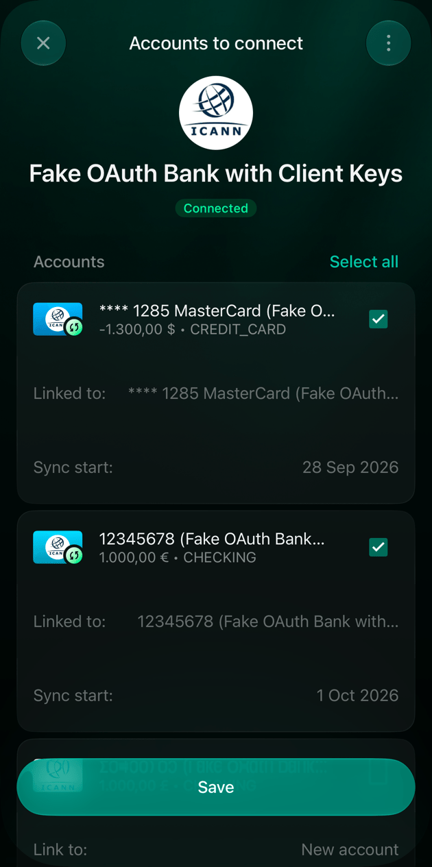 iOS Accounts to connect screen with two bank accounts, each Linked to the same finerd account, and Save.