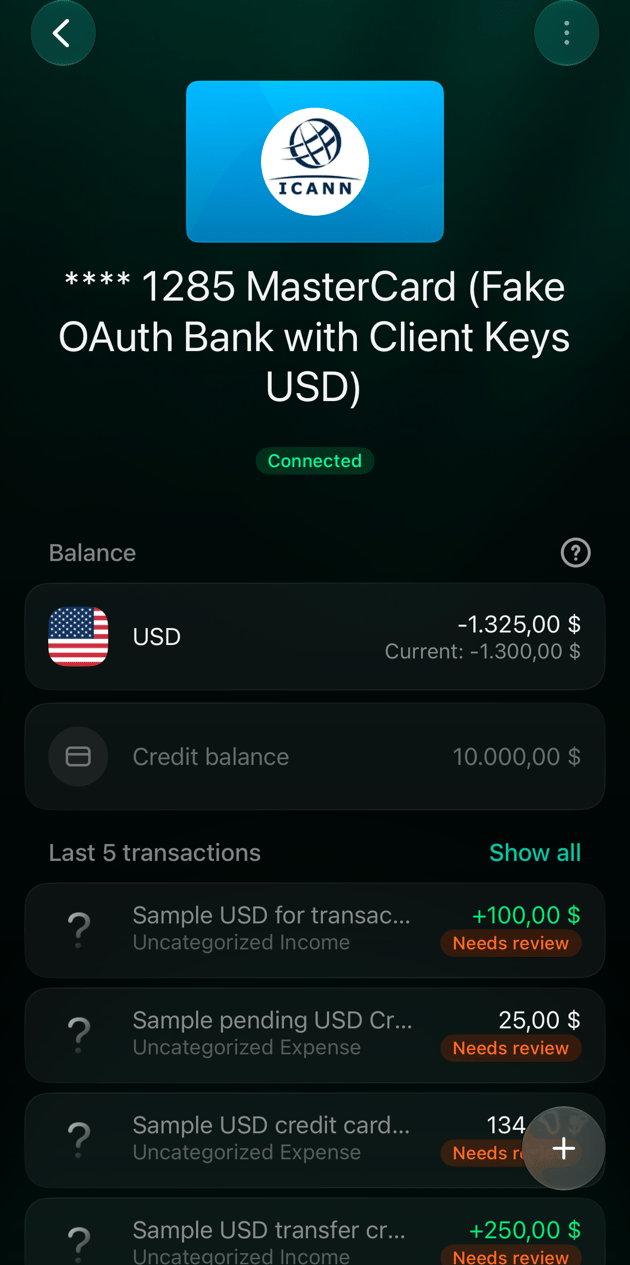 iOS account screen of a connected credit card with the Connected status under its name.