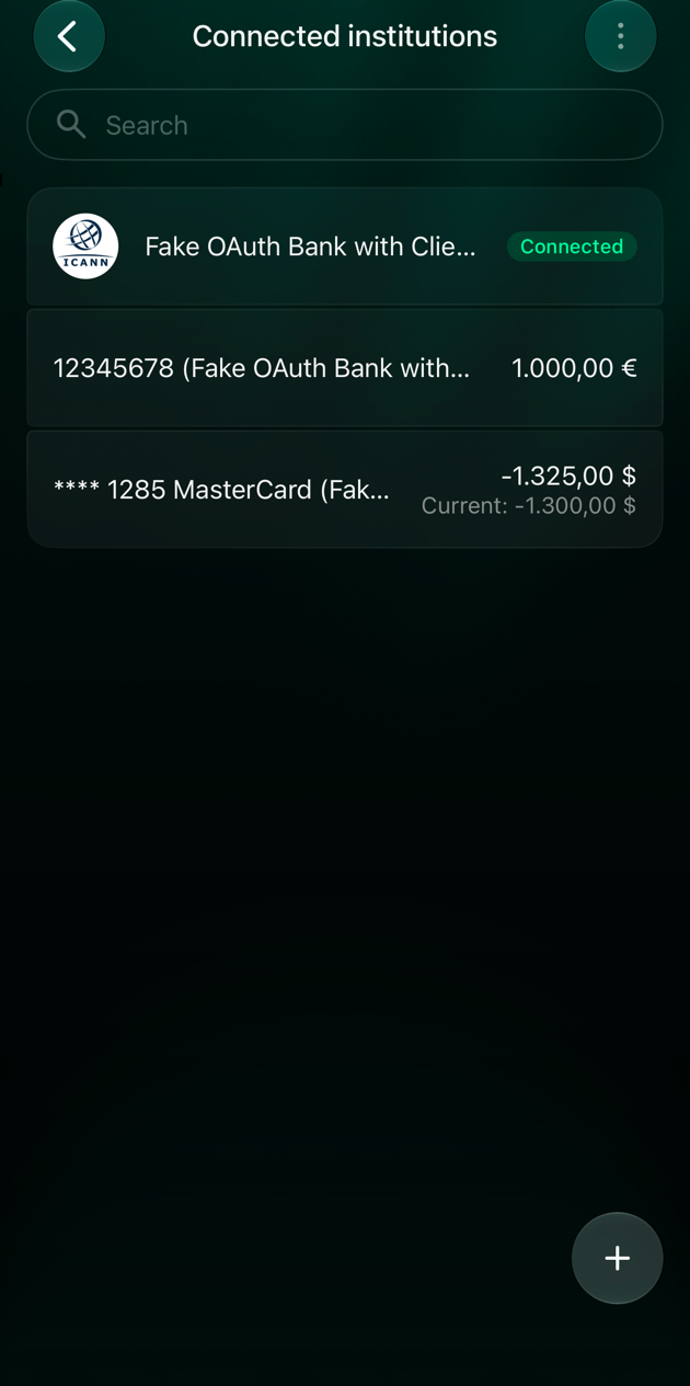 iOS Connected institutions screen with a bank marked Connected and its two accounts below.
